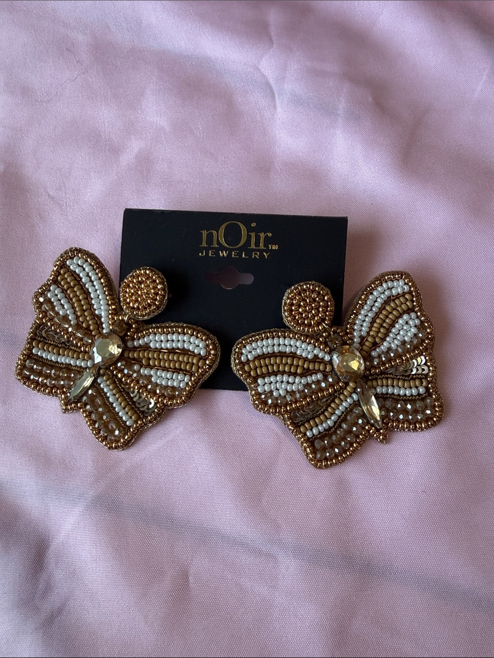 nOir Jewelry Gold and White Beaded Butterfly Statement Earrings